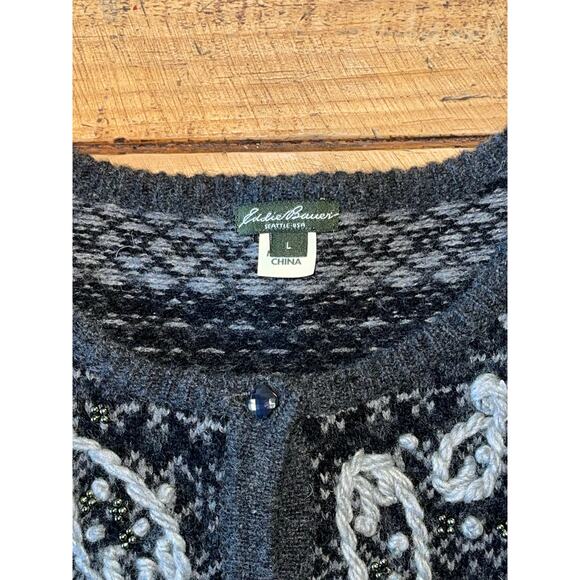 Womens Eddie Bauer Gray Lambs Wool Cashmere Button Down Cardigan Beads Large - Picture 4 of 8